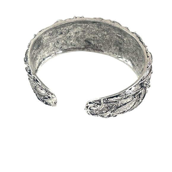 Boho Style Cuff Bracelet Silver Tone with Faux Turquoise Stone and Leaf Detail - Picture 3 of 9